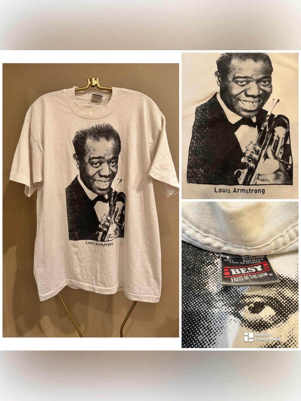 Vintage 90s Louis Armstrong Satchmo Jazz Portrait T-Shirt White Single Stitch